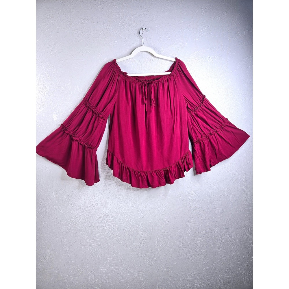 Scarlet Darkness Renaissance Off Shoulder Peasant Top Red Bell Sleeve Flowy Boho